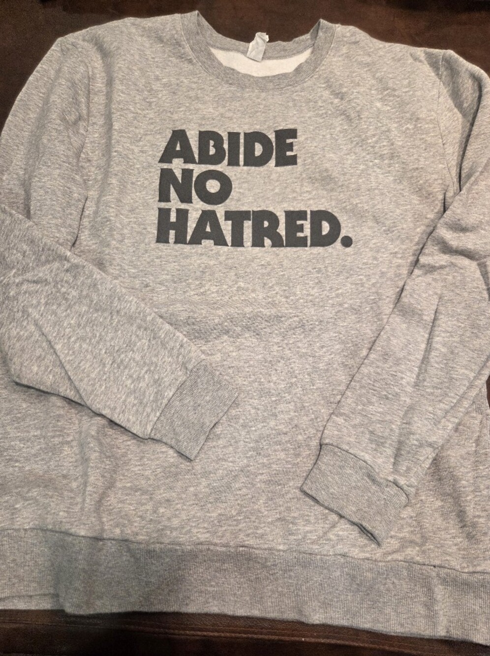 Unisex's Gray Crewneck Sweatshirt with 'Abide No Hatred' Print, Large
